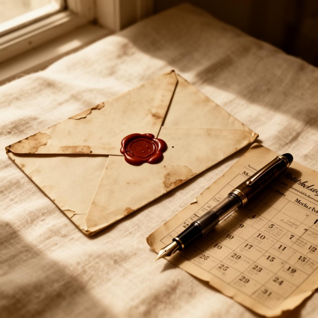 Sobre antiguo sellado con cera junto a un calendario y una pluma sobre lino cream